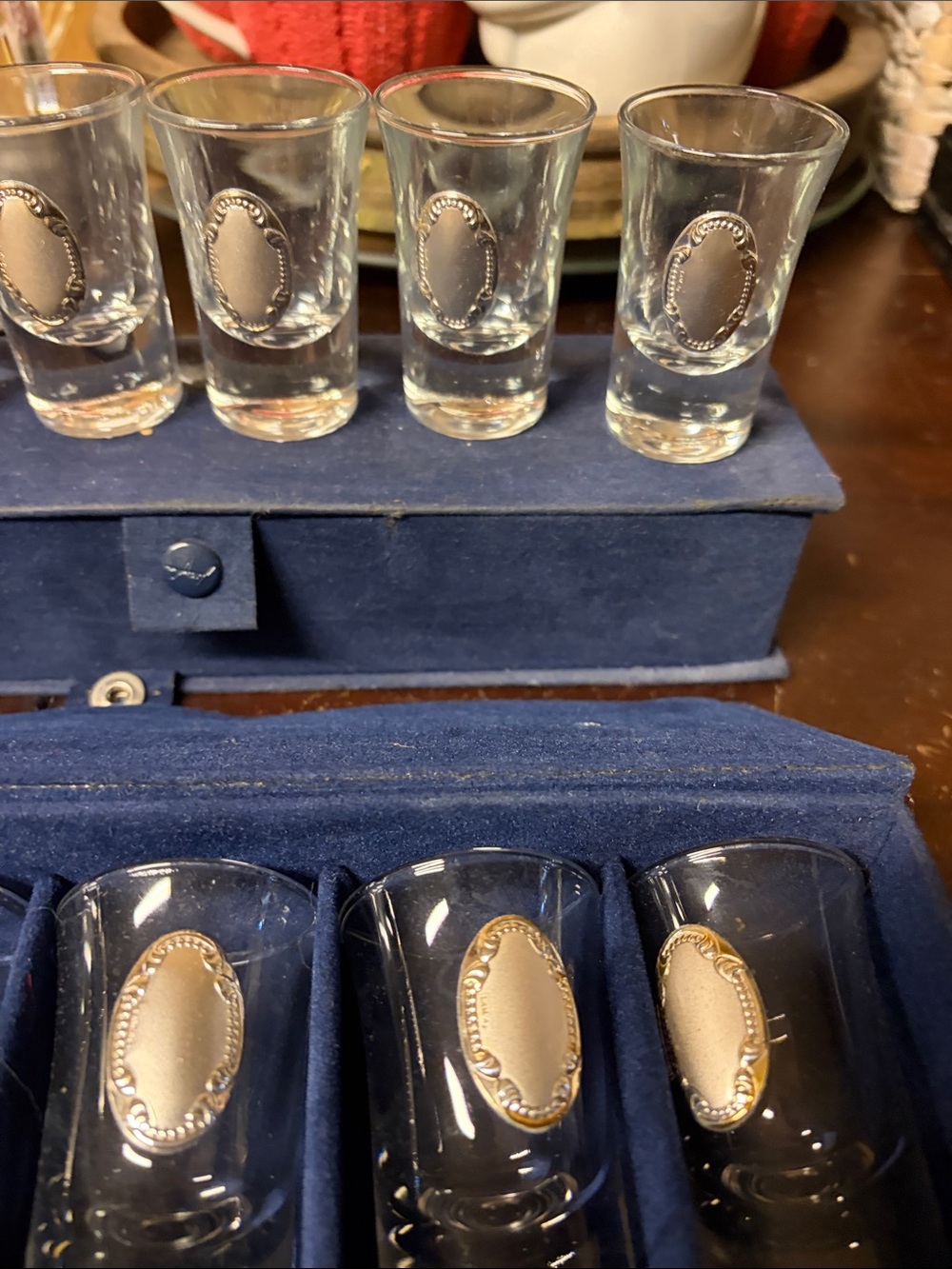 Set of 12 Etched Glass Shot Glasses with Medallions - Picture 7 of 9